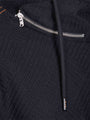 Zipper and drawstring close-up on ribbed black sweater fabric – Wam Denim.