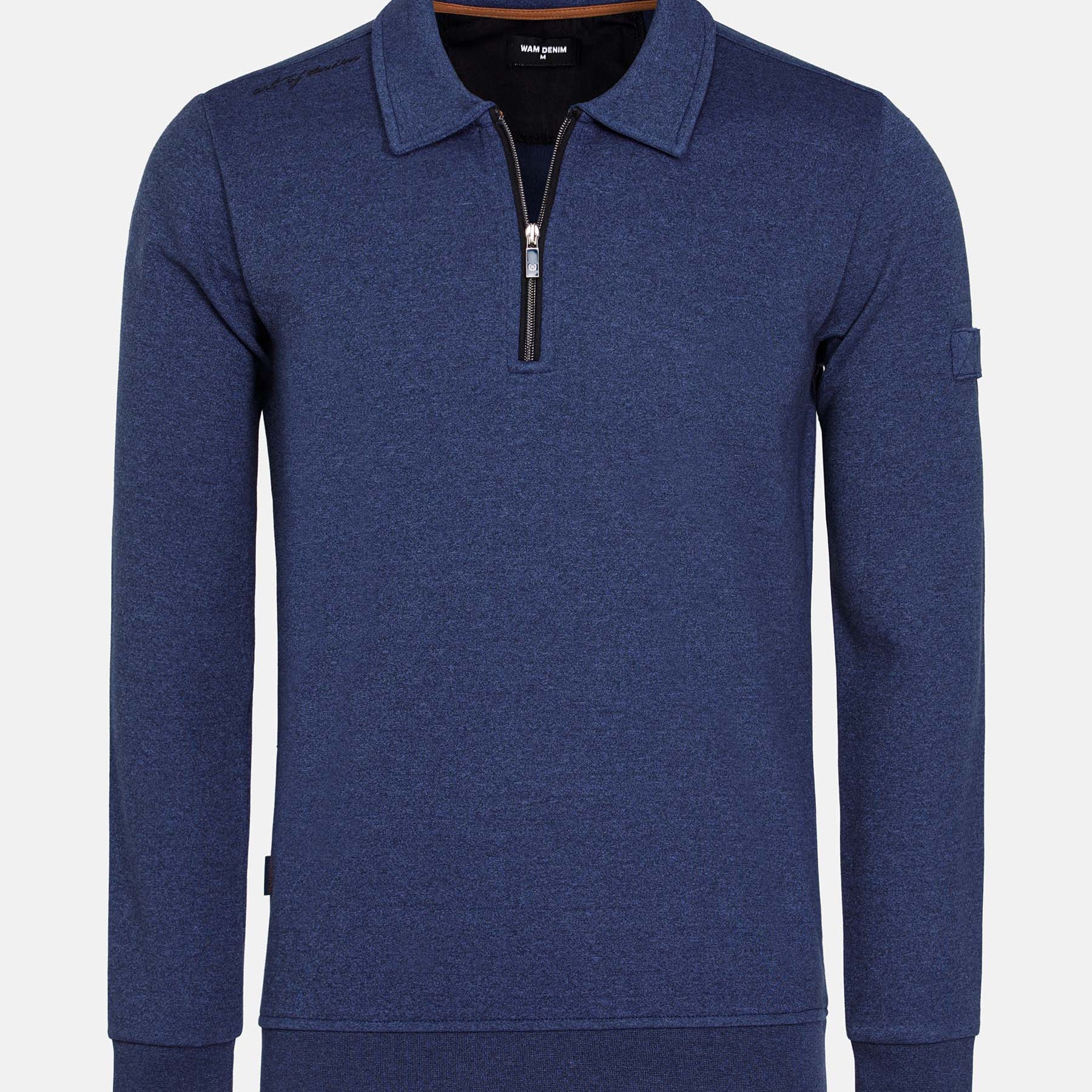 Light indigo quarter-zip sweater with ribbed cuffs and collar detail – Wam Denim.