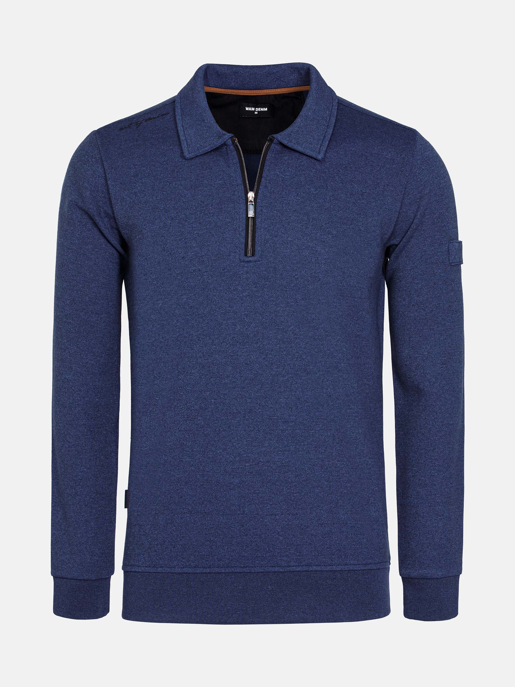 Light indigo quarter-zip sweater with ribbed cuffs and collar detail – Wam Denim.