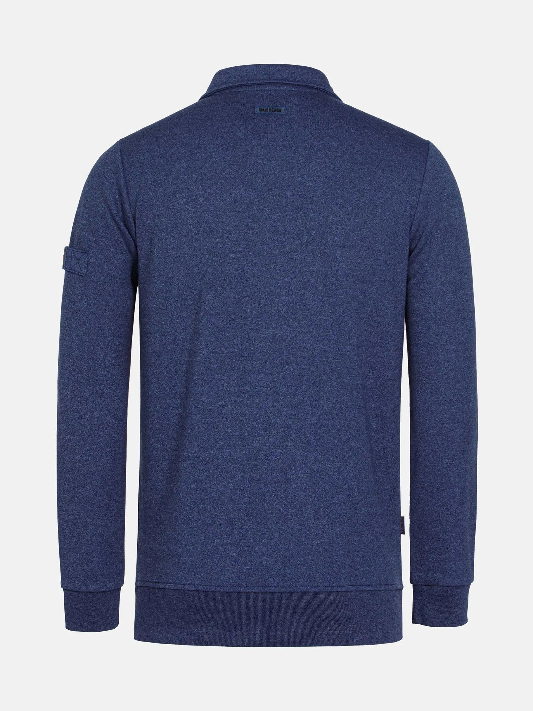 Back view of light indigo quarter-zip sweater with ribbed hem and cuffs – Wam Denim.