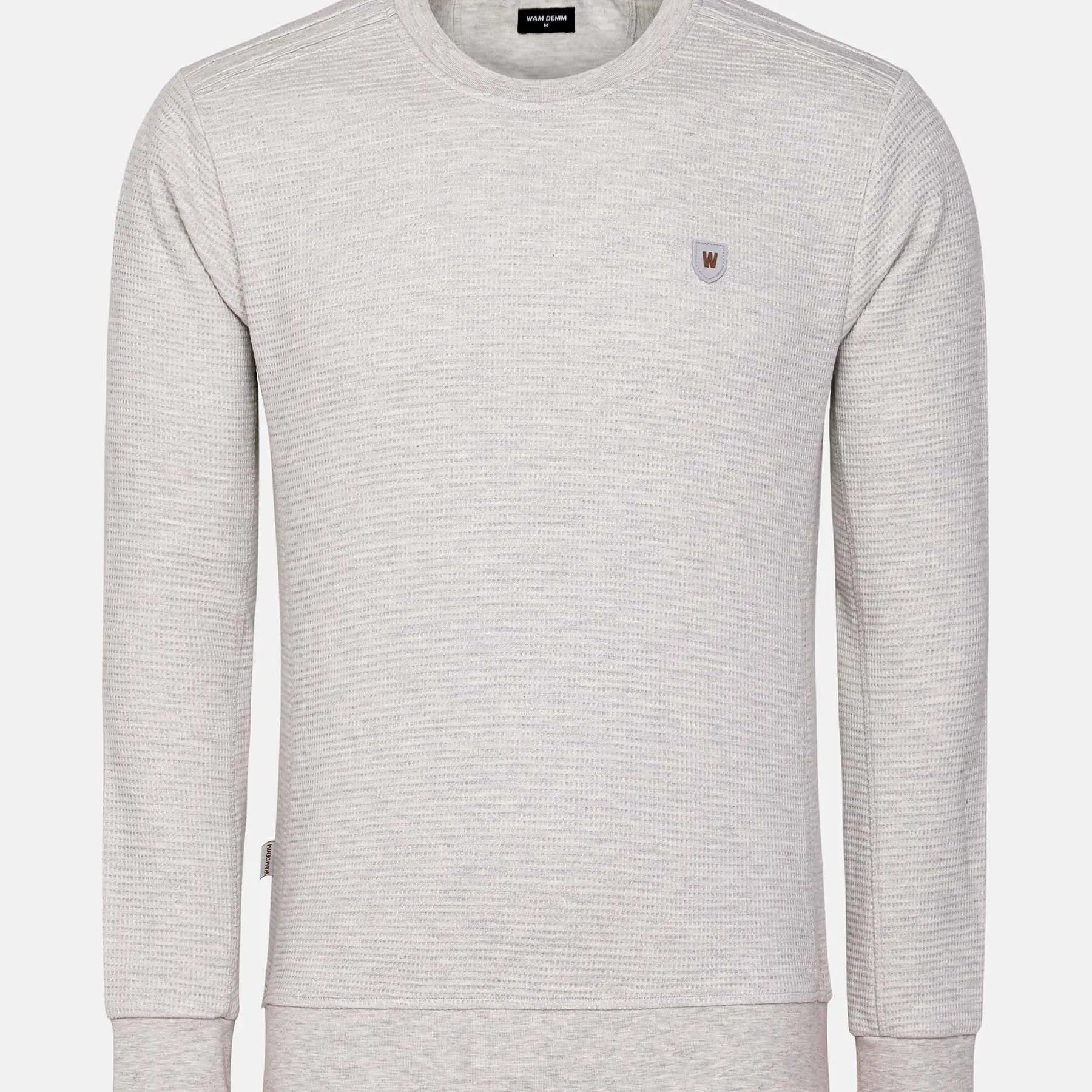 Light grey textured crew neck sweatshirt with chest logo and ribbed cuffs – Wam Denim.