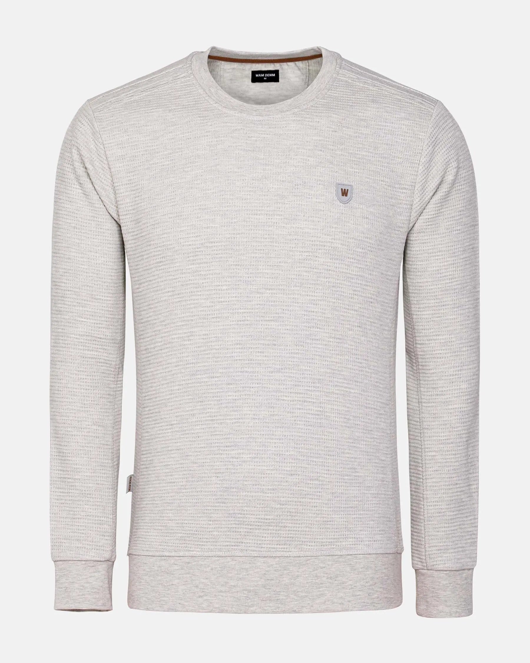 Light grey textured crew neck sweatshirt with chest logo and ribbed cuffs – Wam Denim.