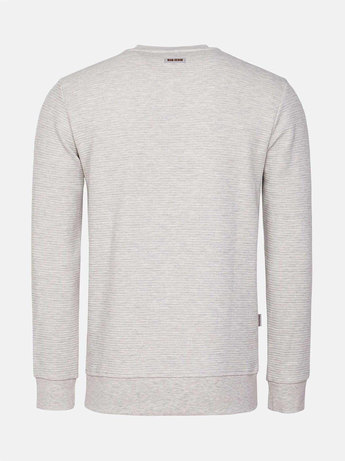 Back view of light grey textured crew neck sweatshirt with ribbed hem and cuffs – Wam Denim.