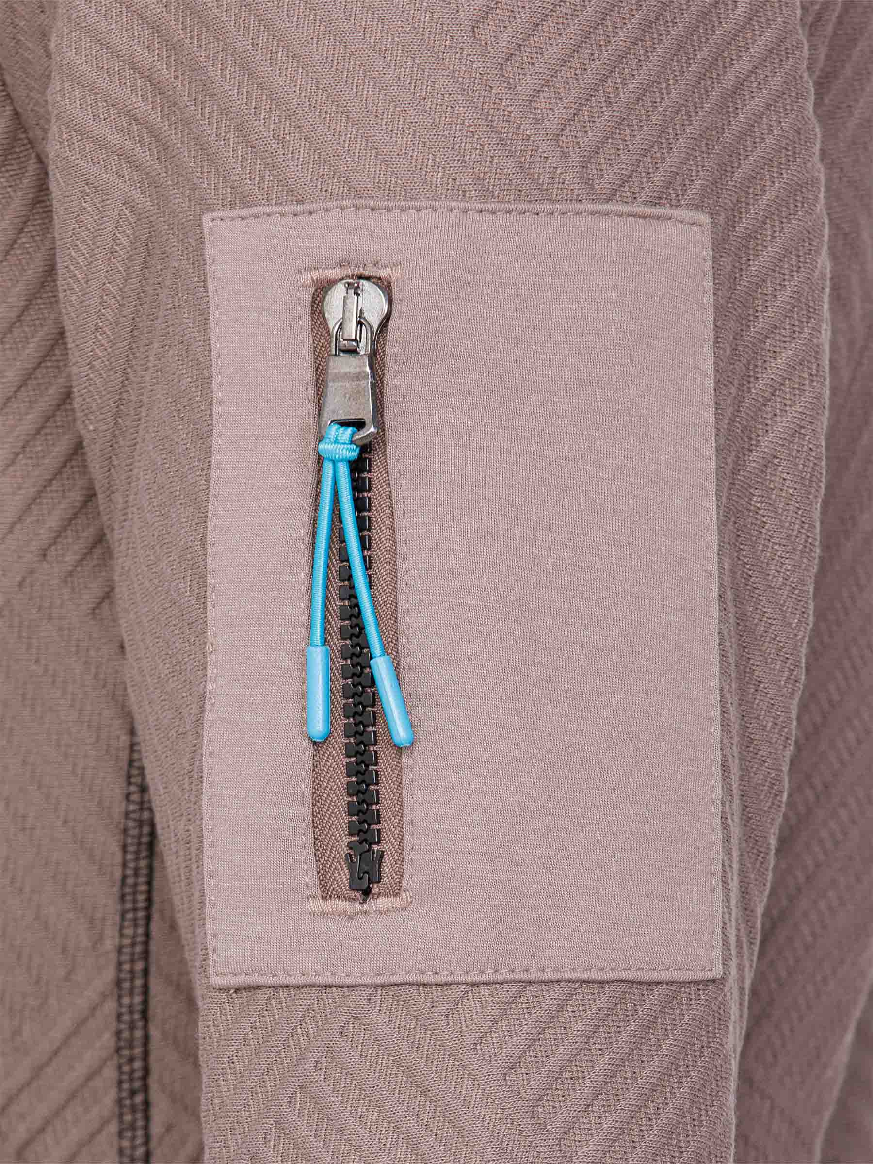 Close-up of the blue zip sleeve pocket on the sweater – Wam Denim.