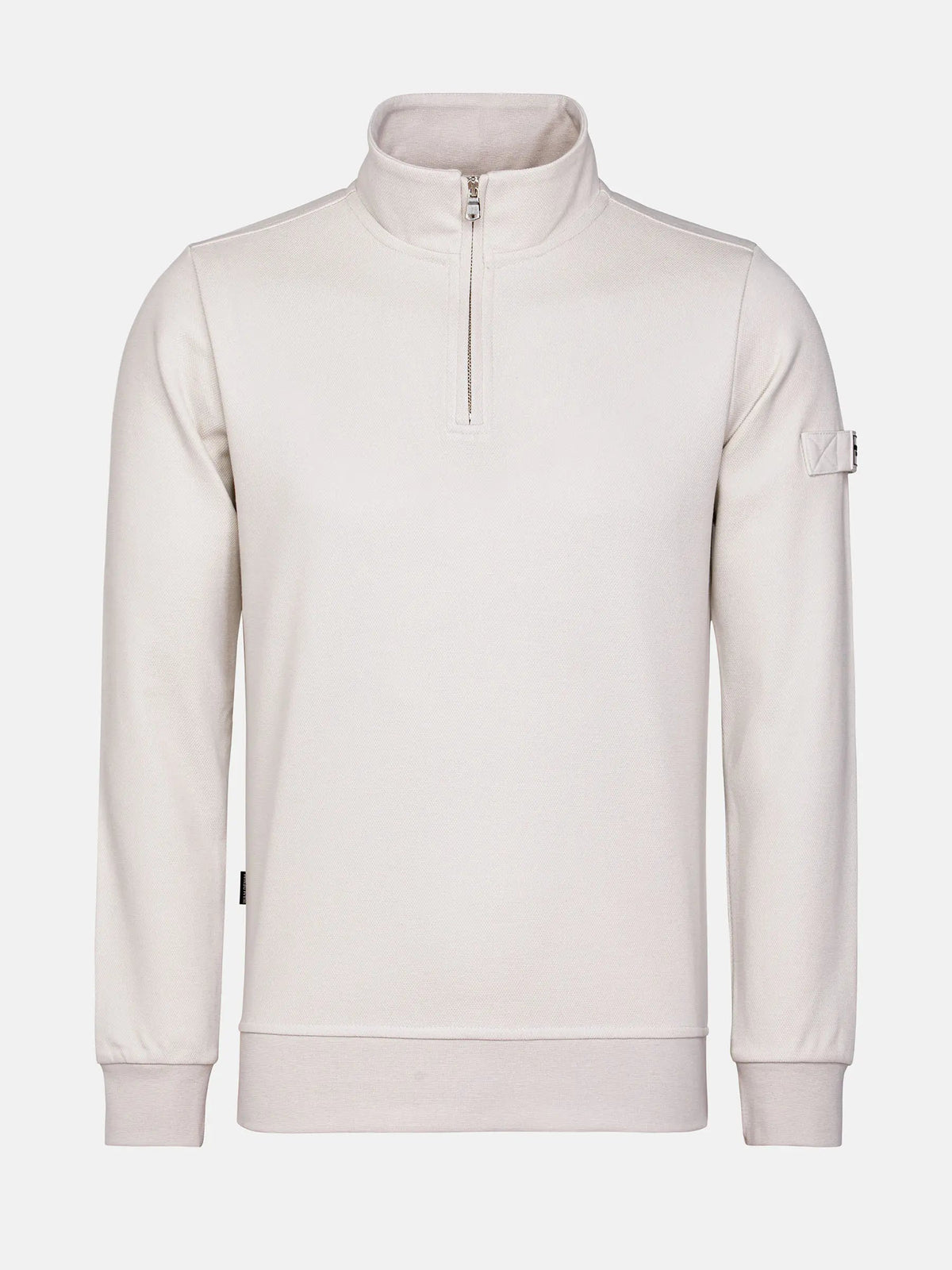 Front view of light beige Milburn Sweater with zipper. – Wam Denim.