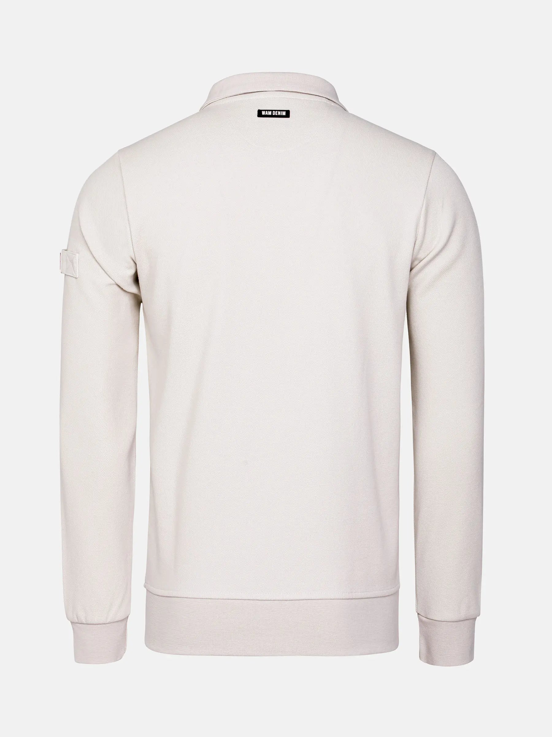 Back view of light beige Milburn Sweater with logo. – Wam Denim.