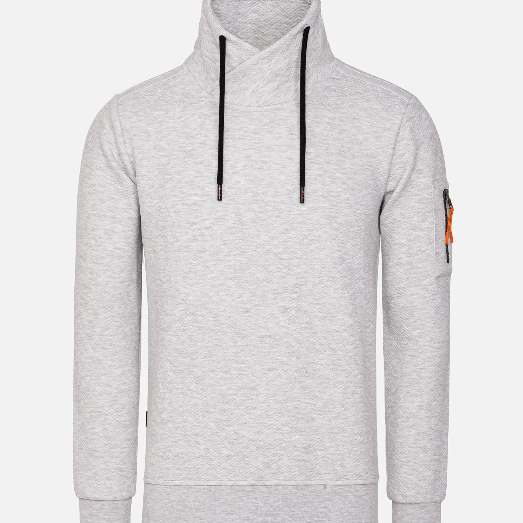 Light grey men’s pullover sweatshirt with high crossover collar, black drawstrings, and sleeve zipper pocket — casual winter knitwear for men. – Wam Denim.