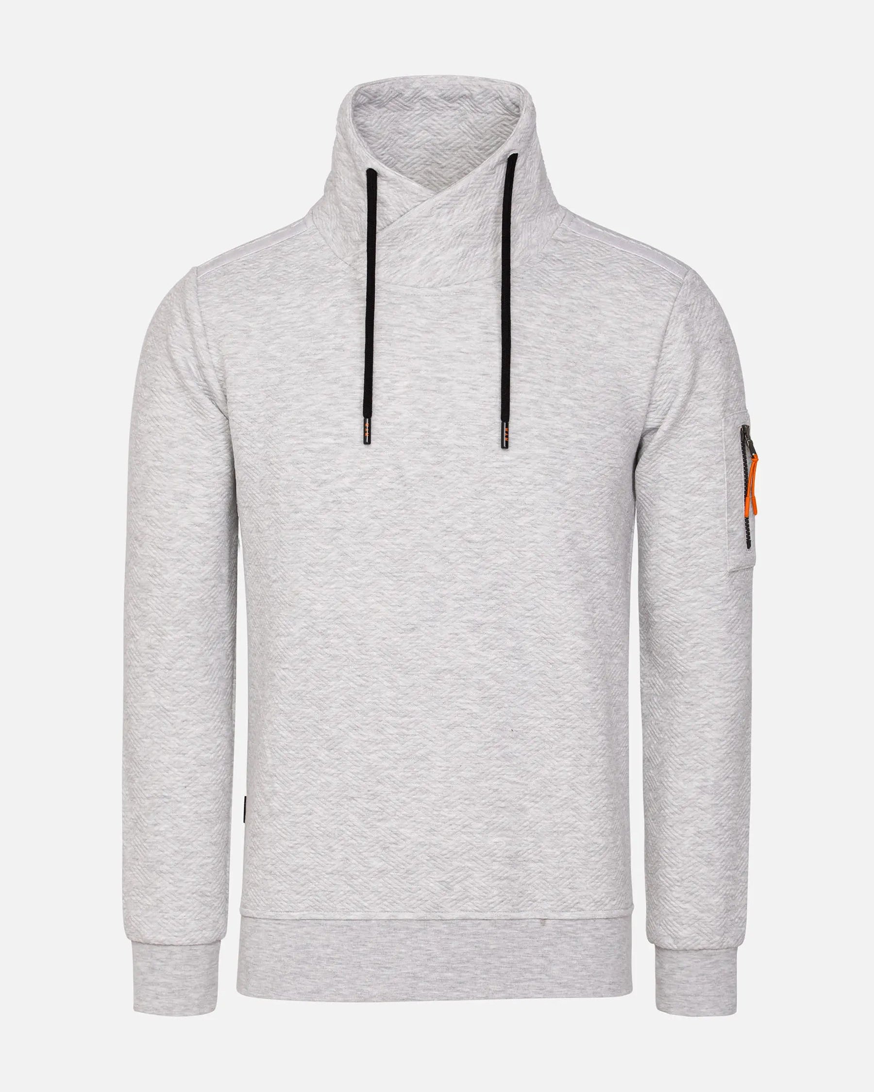 Light grey men’s pullover sweatshirt with high crossover collar, black drawstrings, and sleeve zipper pocket — casual winter knitwear for men. – Wam Denim.