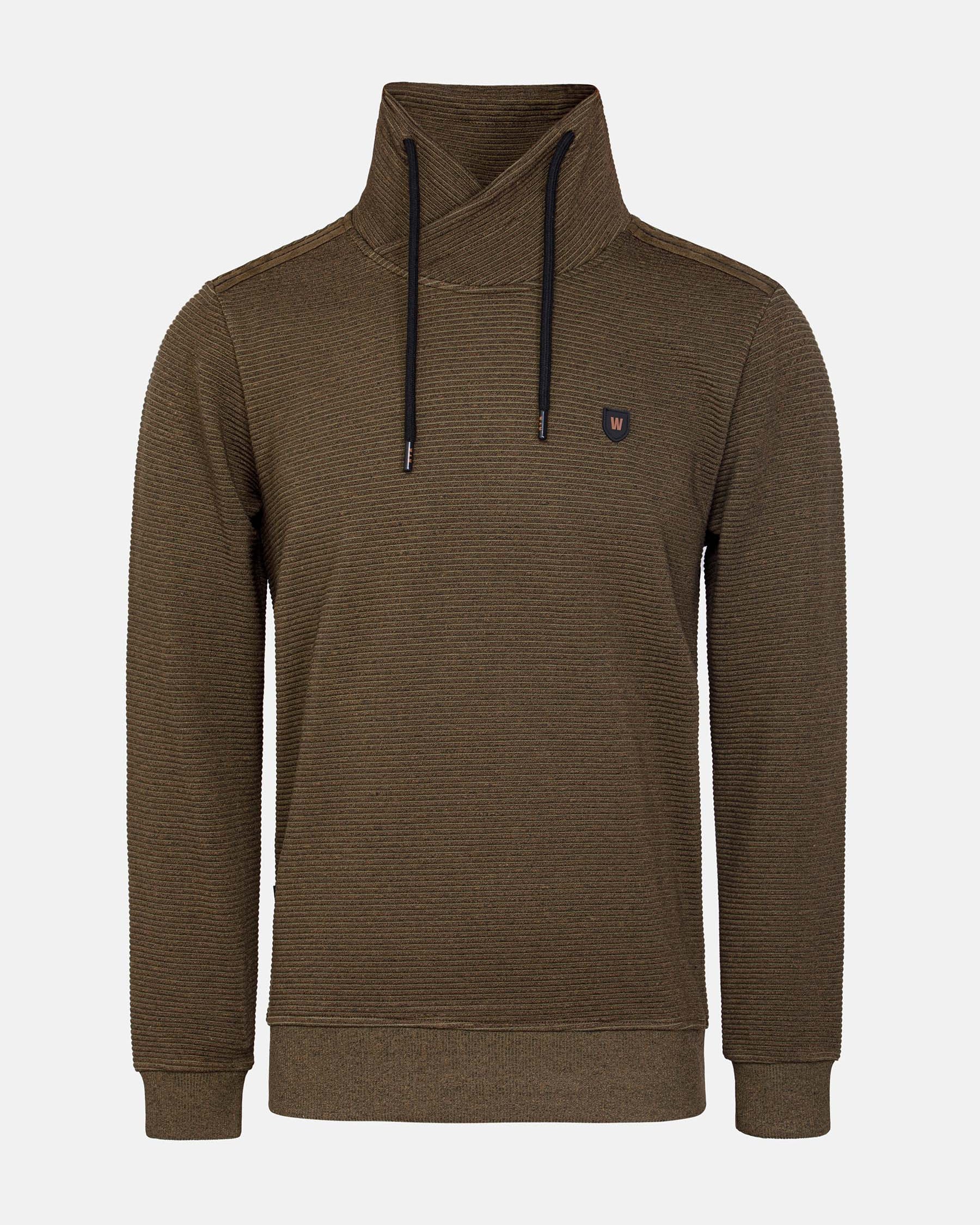 Back view of the men's cowl neck sweater in olive green – Wam Denim.