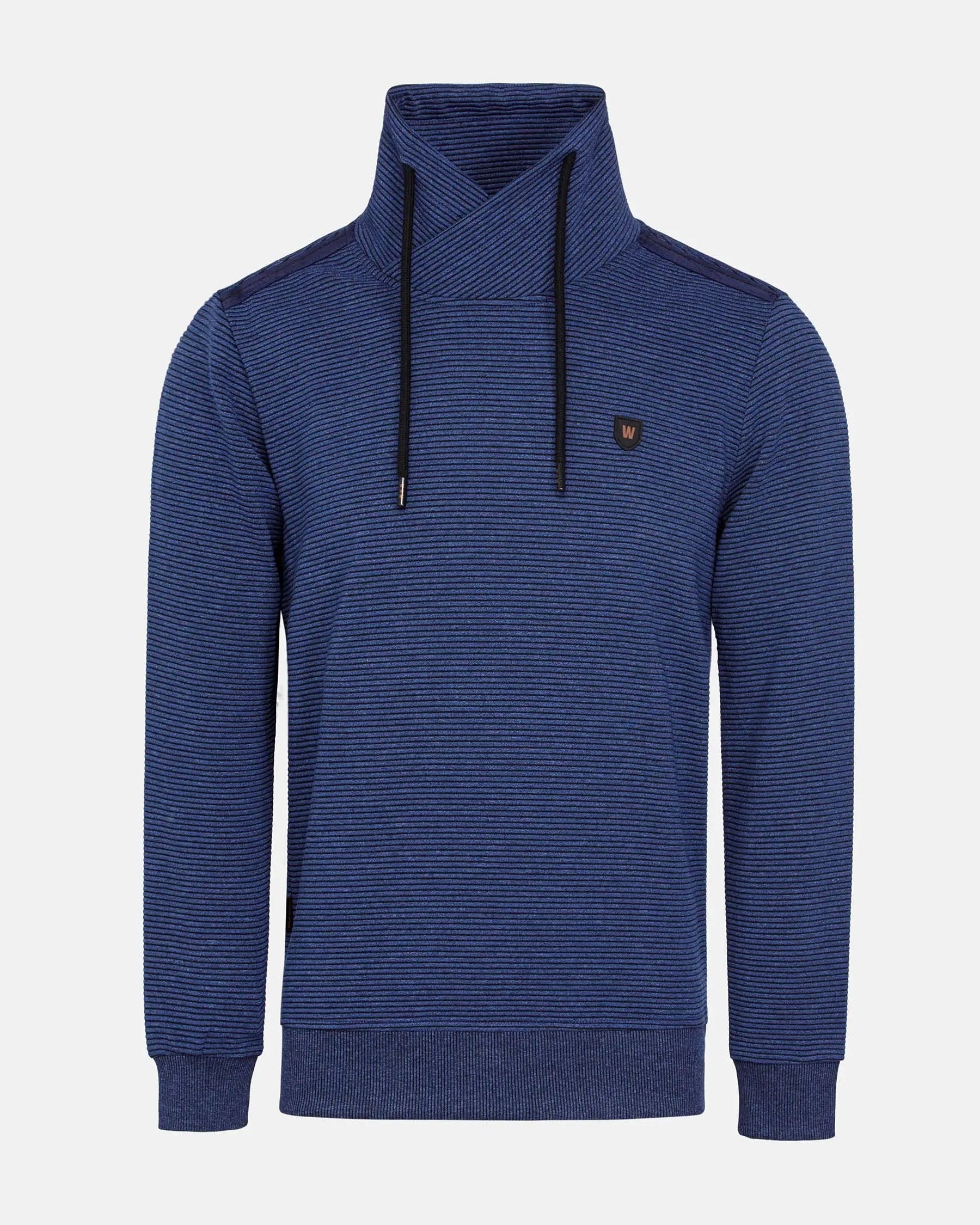 Blue horizontal stripe men's cowl neck sweater with drawstrings – Wam Denim.