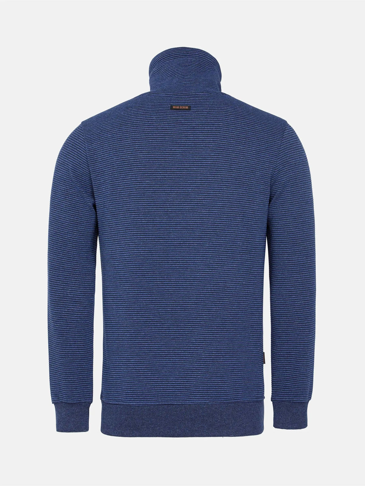 Back view of a blue stripe men's cowl neck sweater – Wam Denim.