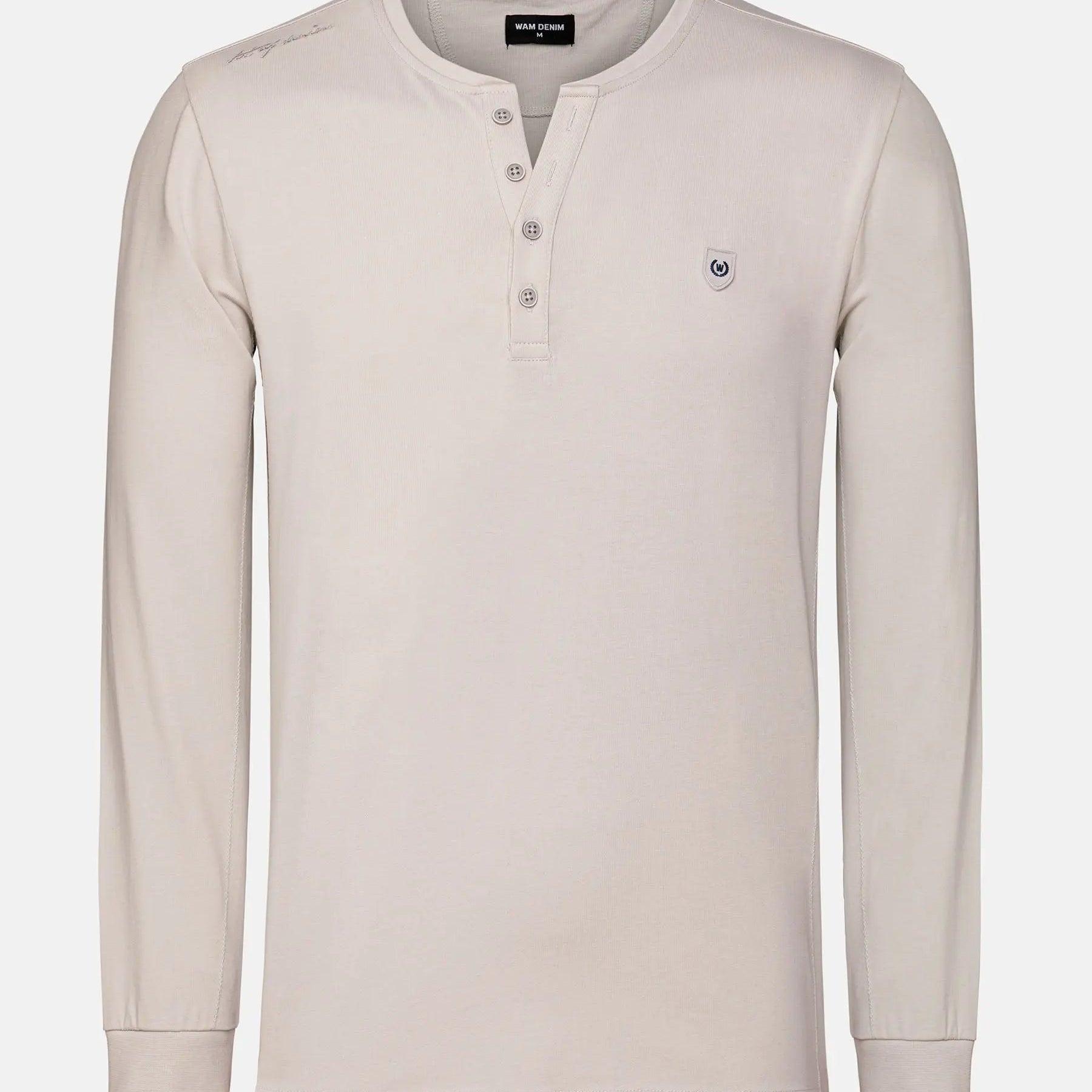 The Fervor Light Beige Sweater, long-sleeve Henley with buttoned neckline and chest logo – Wam Denim.
