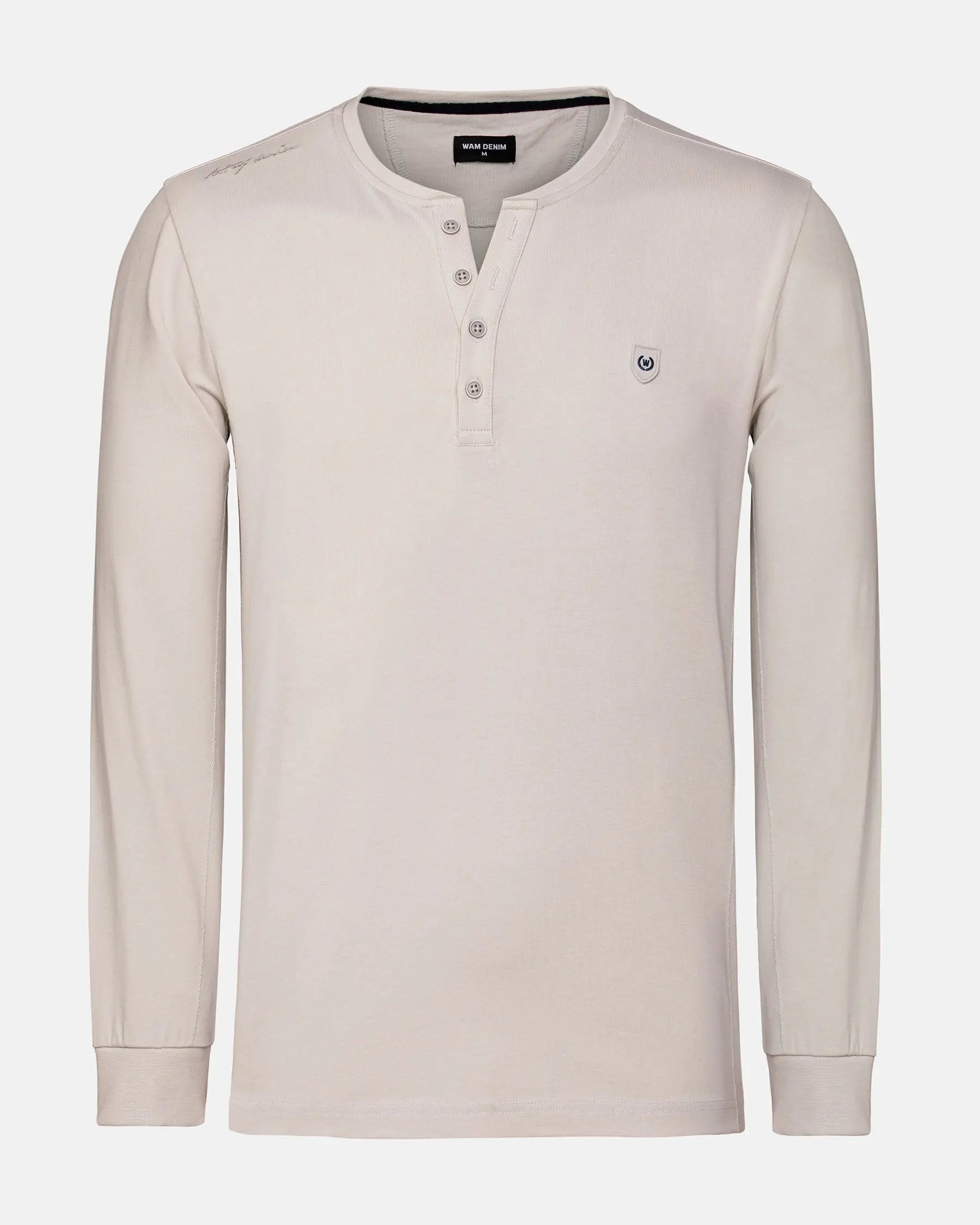 The Fervor Light Beige Sweater, long-sleeve Henley with buttoned neckline and chest logo – Wam Denim.