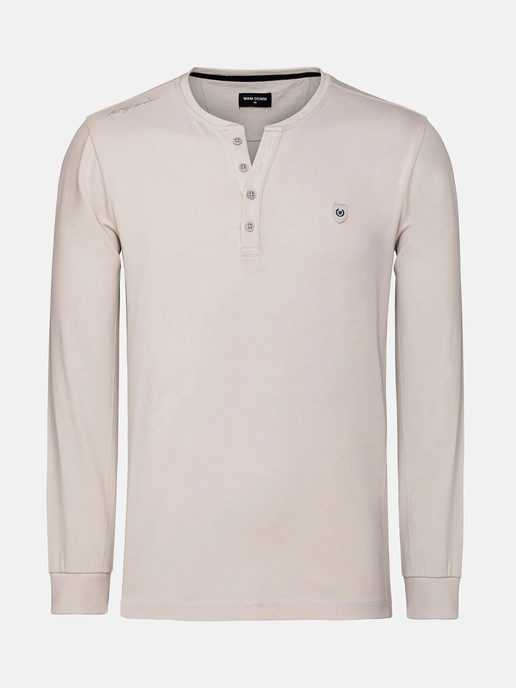 The Fervor Light Beige Sweater, long-sleeve Henley with buttoned neckline and chest logo – Wam Denim.