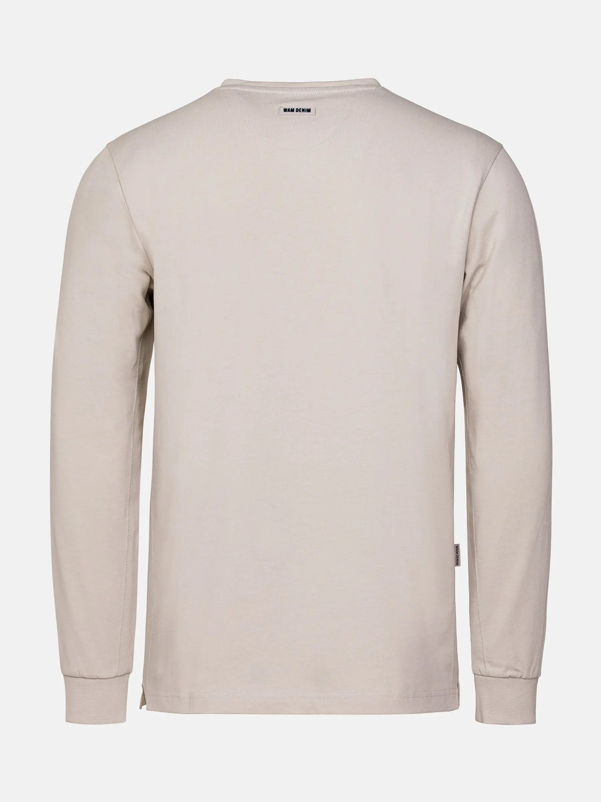 Back view of The Fervor Light Beige Sweater showing plain design and ribbed cuffs – Wam Denim.