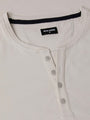 Close-up of The Fervor Light Beige Sweater neckline with button placket and Wam Denim label – Wam Denim.