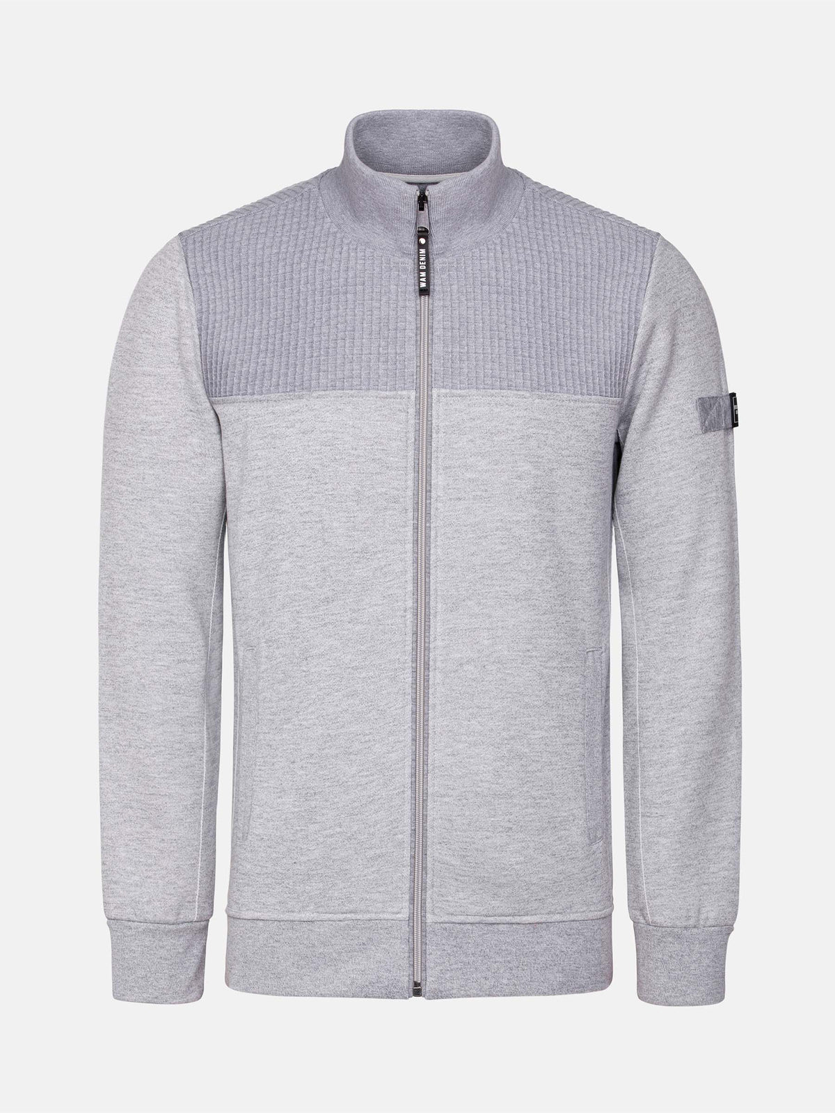 The Fletcher Light Grey Vest, front view with full zipper and ribbed textured shoulders – Wam Denim.