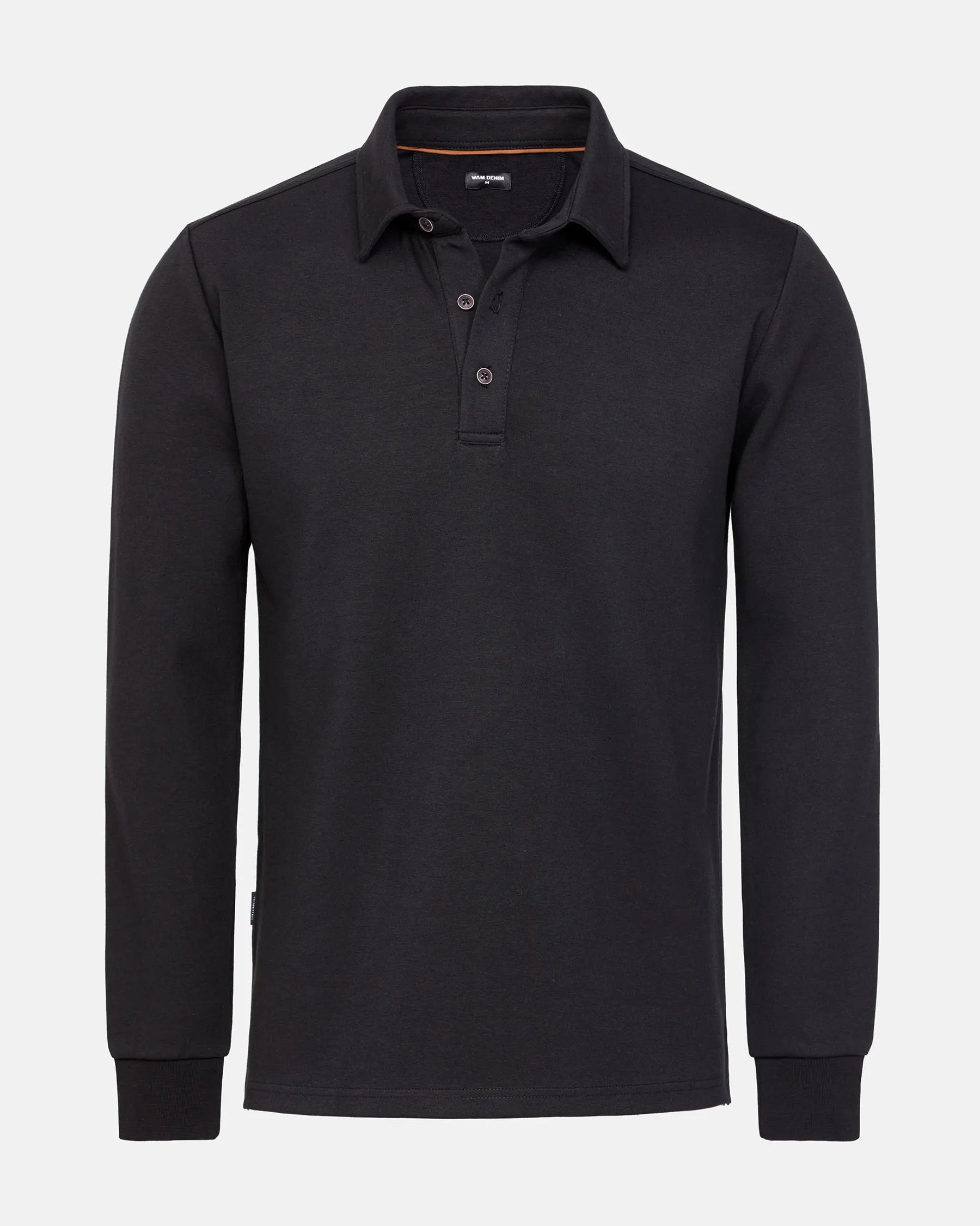 The Zeal Black Sweater, long-sleeve polo-style knit with buttoned collar and ribbed cuffs – Wam Denim.