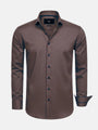 Men’s light brown button-down shirt with long sleeves and tailored fit.