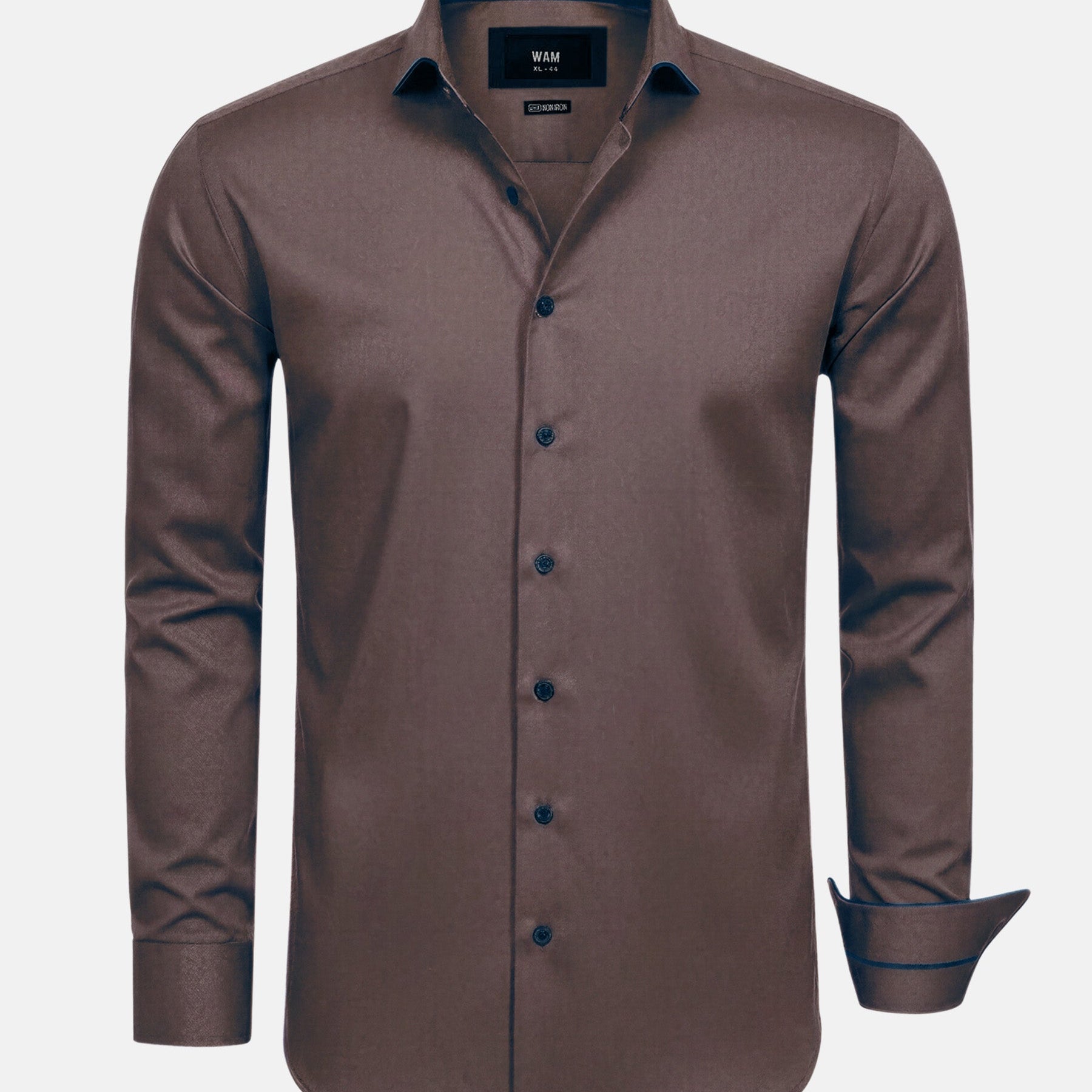 Men’s light brown button-down shirt with long sleeves and tailored fit.