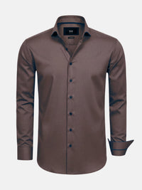 Men’s light brown button-down shirt with long sleeves and tailored fit.