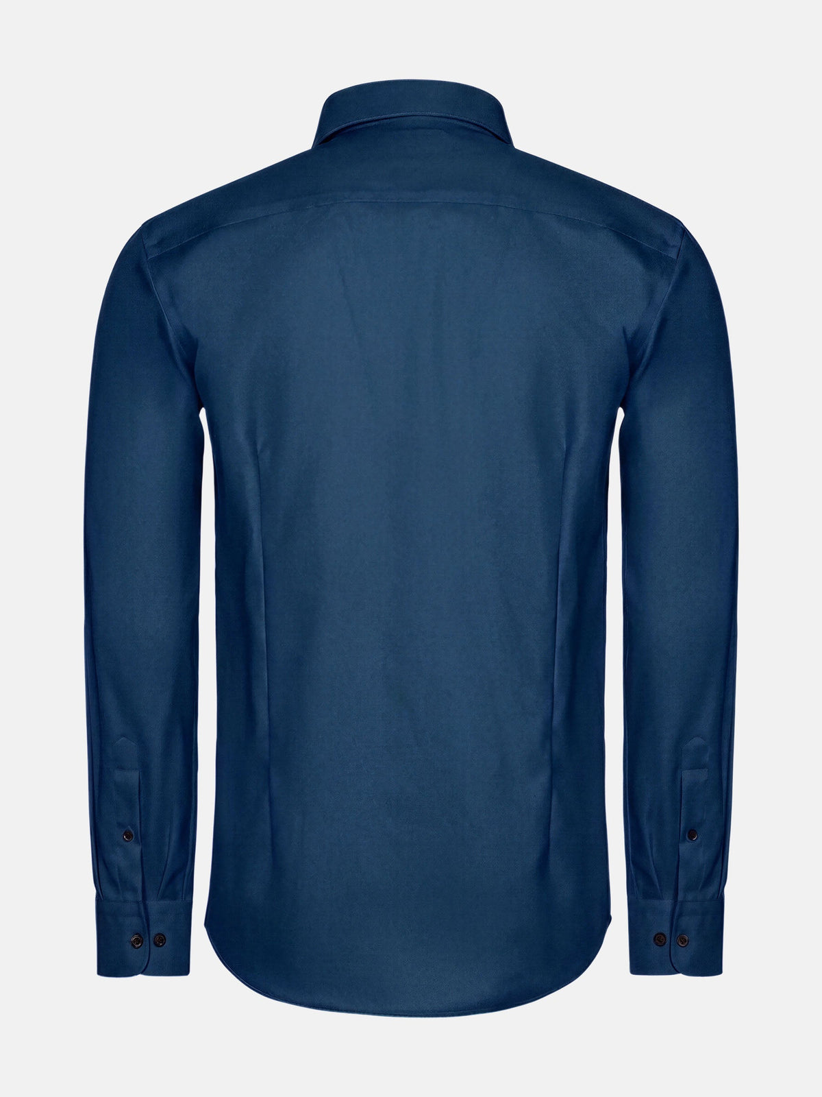 Back view of petrol blue men’s shirt with tailored fit and long sleeves.