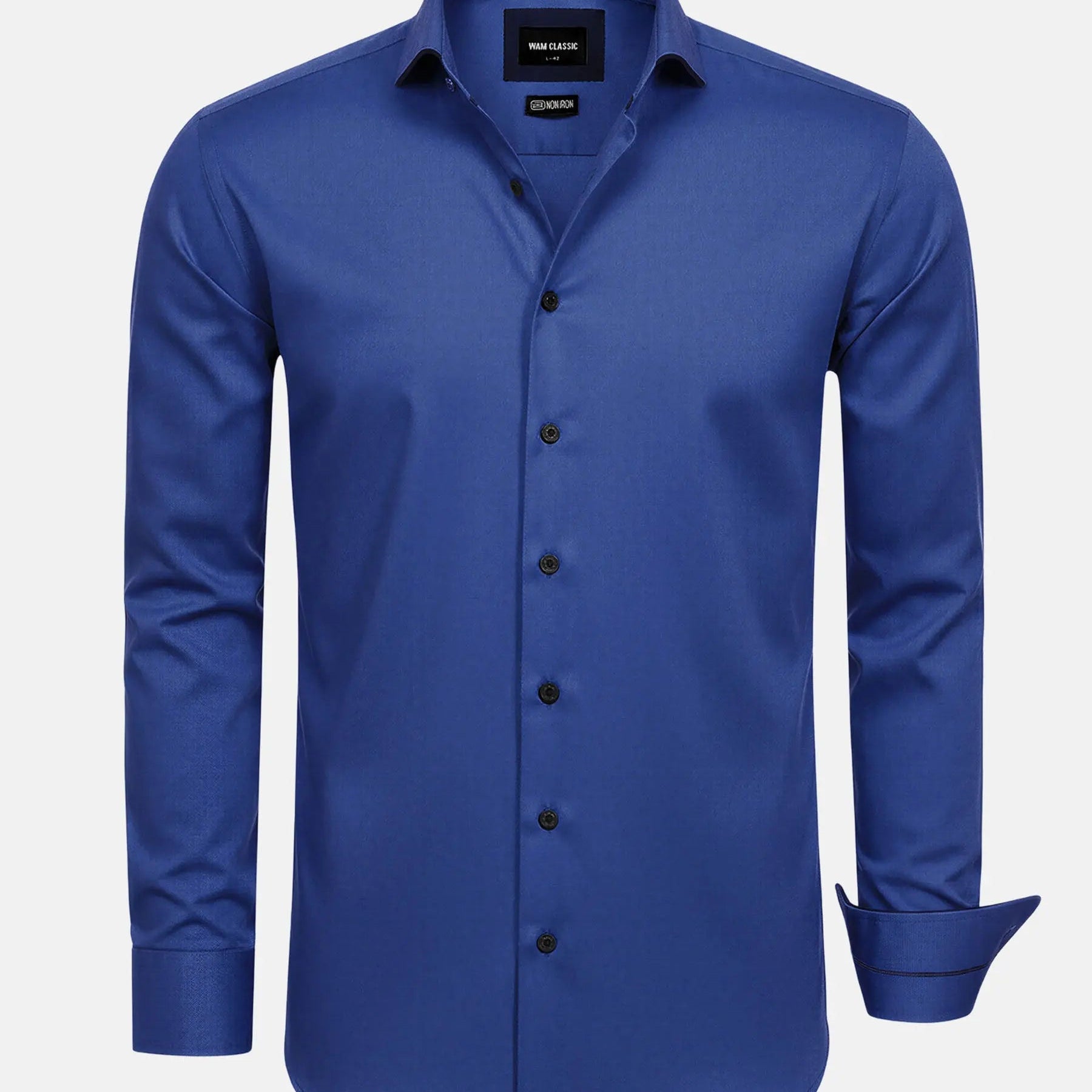 Royal blue men’s dress shirt with long sleeves and black buttons, classic fit.