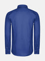 Back view of a royal blue men’s dress shirt with long sleeves and classic fit.