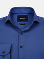Close-up detail of a royal blue dress shirt collar and buttons for product display.