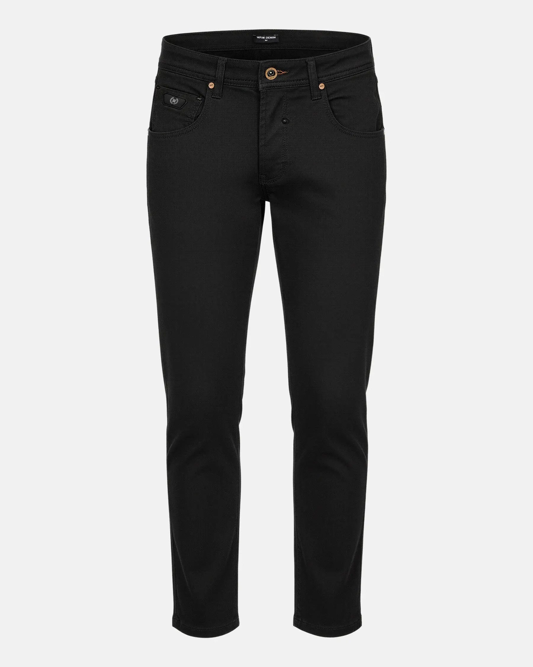 Black slim-fit men’s jeans with front pockets and button closure, stylish denim look.