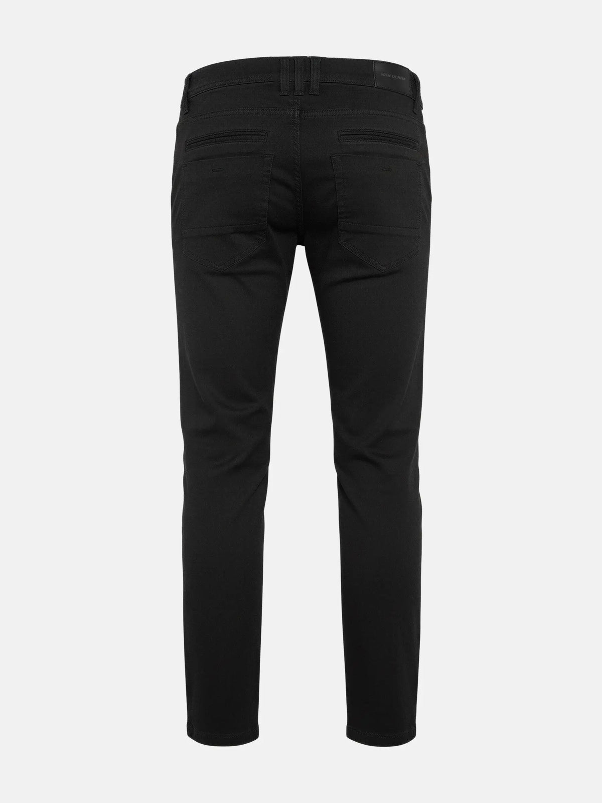 Back view of black slim-fit men’s jeans with rear pockets and clean design.