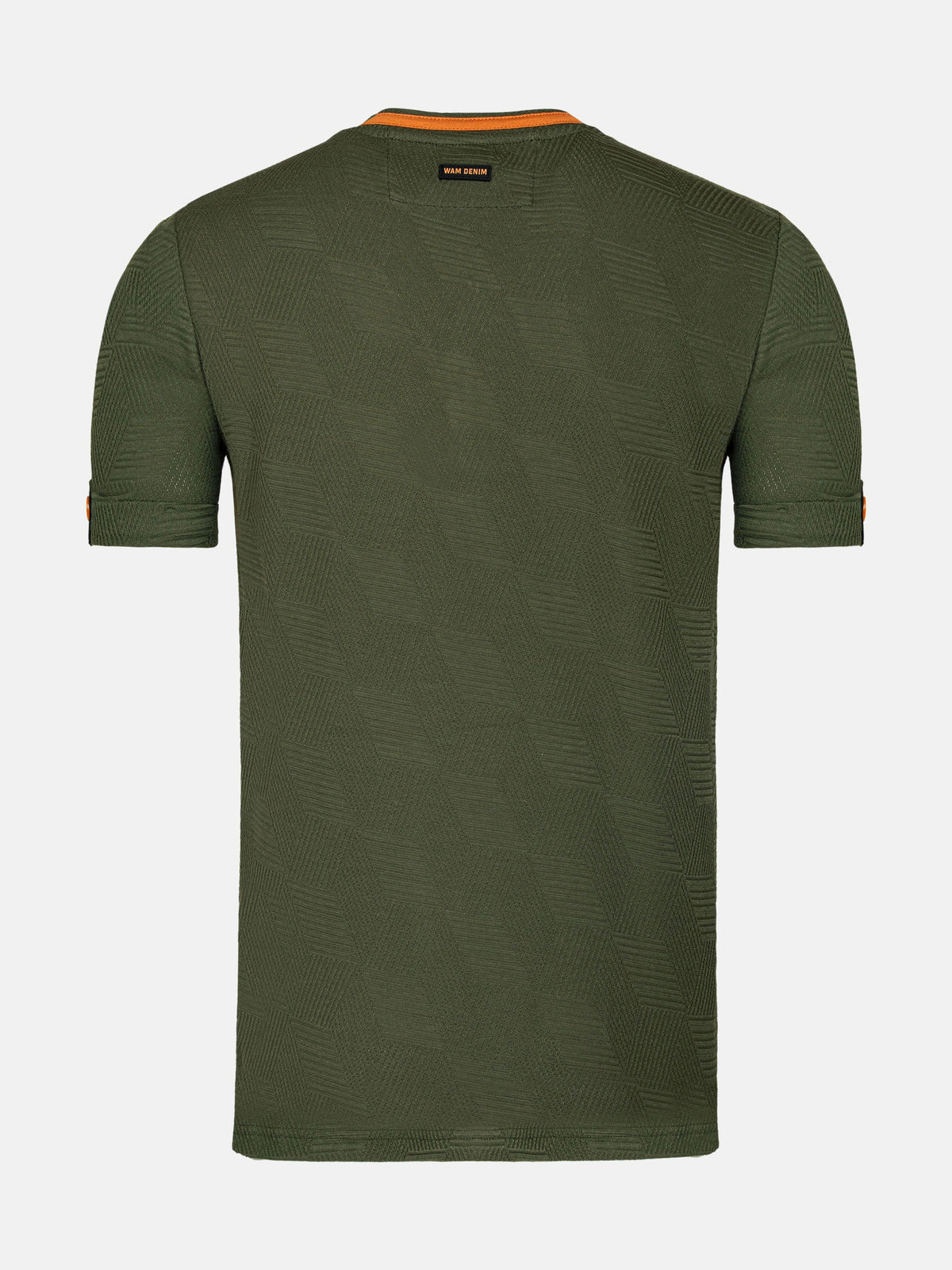 Back view of slim fit khaki men’s T-shirt with textured fabric design