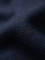 Close-up of navy blazer fabric texture with soft structured finish.