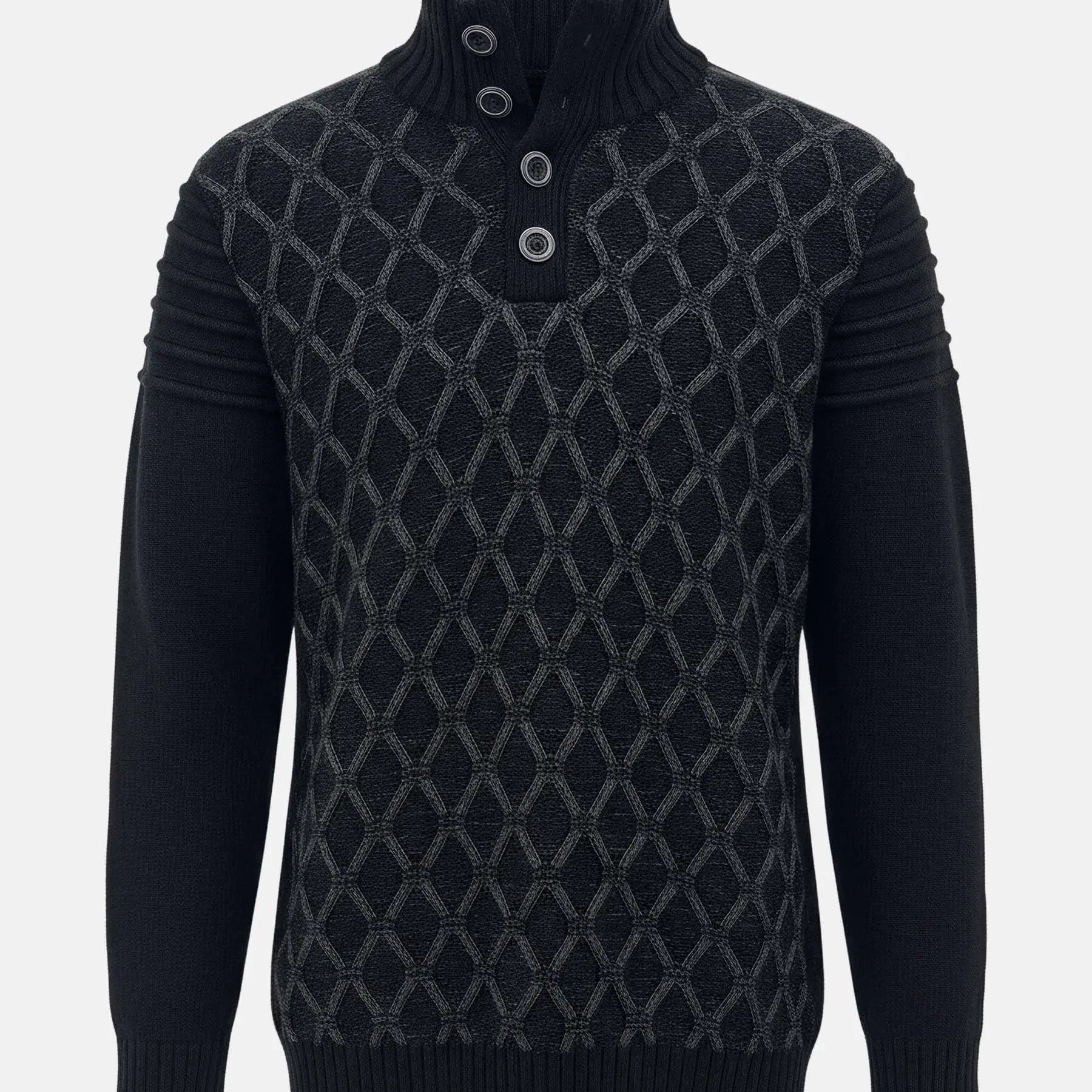 Anthracite men’s knit sweater with textured geometric pattern and high button-neck design.