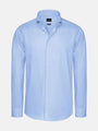 Light blue men’s dress shirt with long sleeves and button-up front.