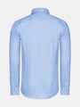 Back view of blue men’s dress shirt with long sleeves.