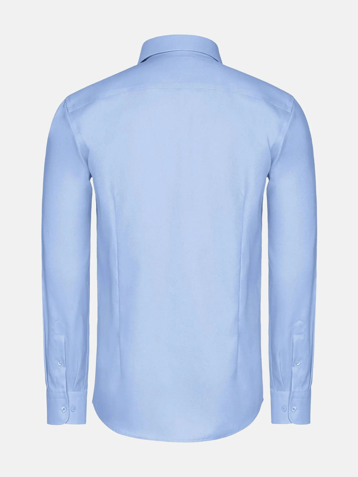 Back view of blue men’s dress shirt with long sleeves.