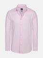 Pink men’s dress shirt with long sleeves and button-up front.