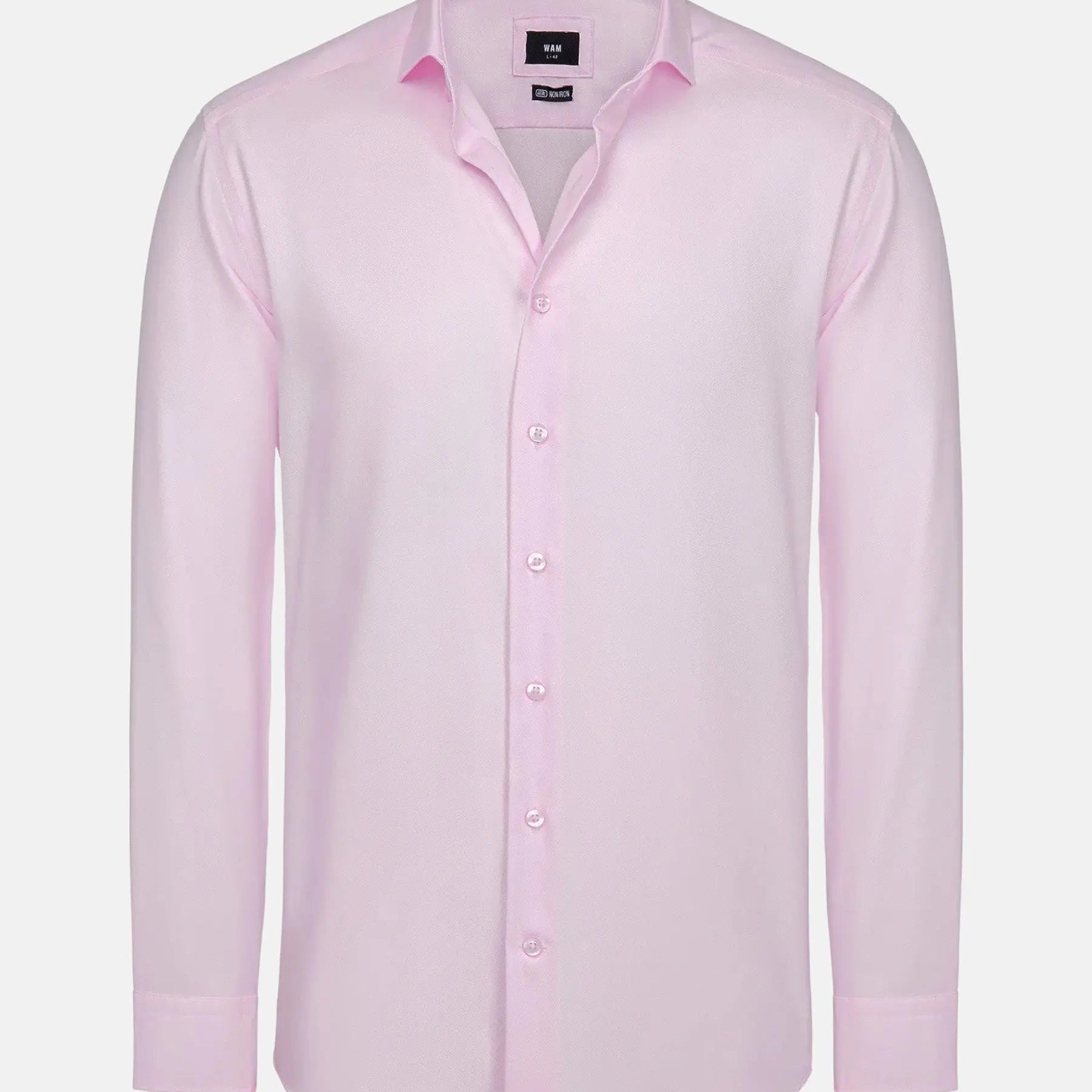 Pink men’s dress shirt with long sleeves and button-up front.