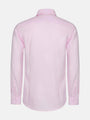 Back view of pink men’s dress shirt with long sleeves.