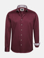 Dark red men’s long-sleeve shirt with button front and patterned inner collar