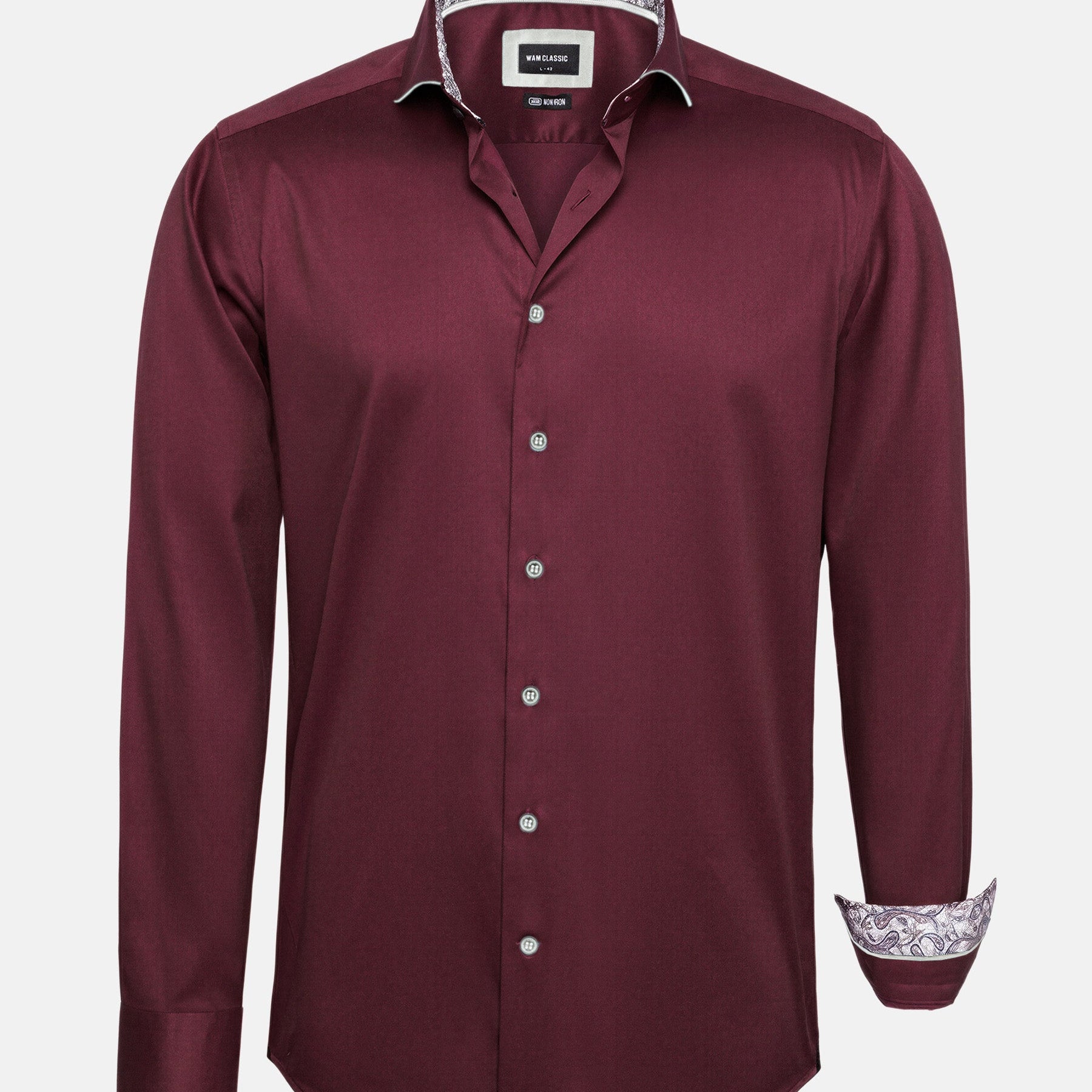 Dark red men’s long-sleeve shirt with button front and patterned inner collar