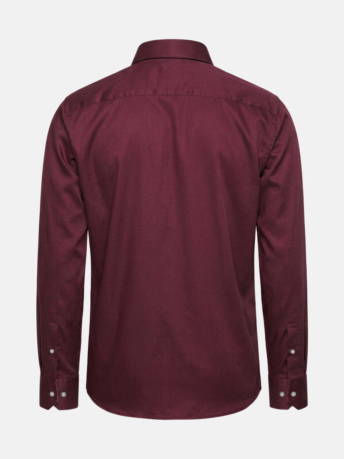 Back view of dark red men’s long-sleeve shirt with clean tailored silhouette
