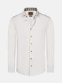 Men’s white dress shirt with long sleeves, classic collar, and contrast inner detailing.