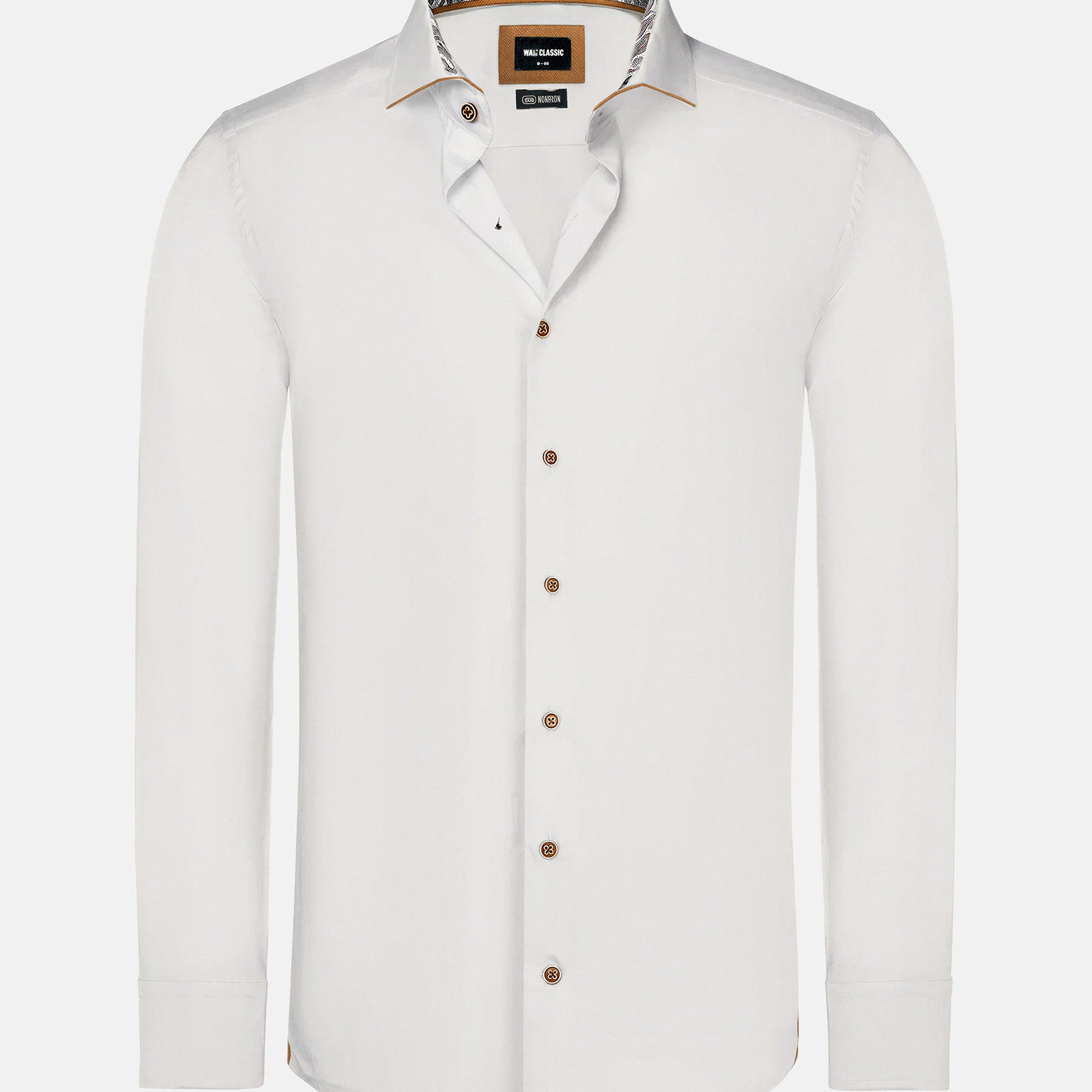 Men’s white dress shirt with long sleeves, classic collar, and contrast inner detailing.