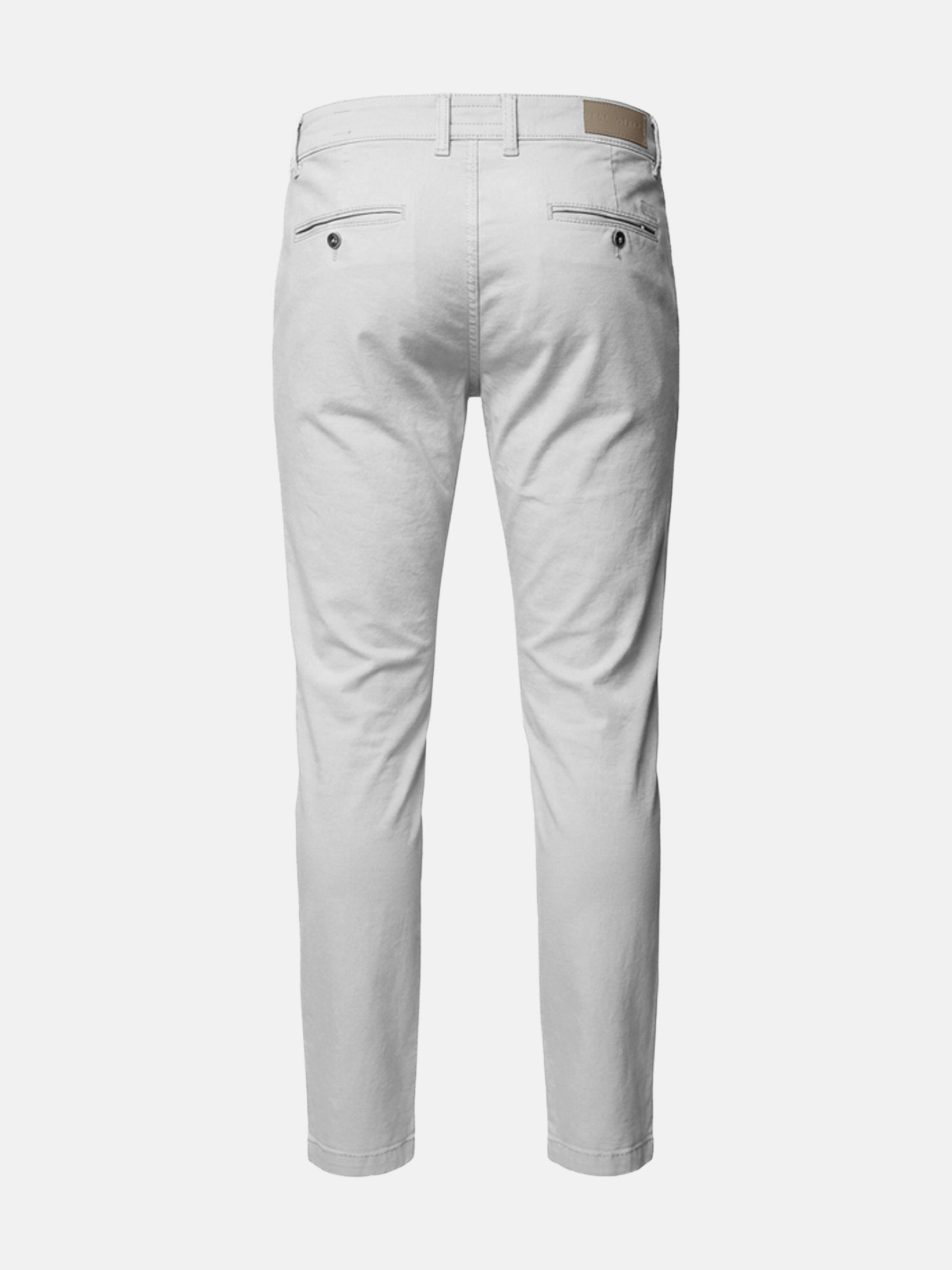Back view of light grey slim-fit chino trousers with buttoned pockets and clean finish.