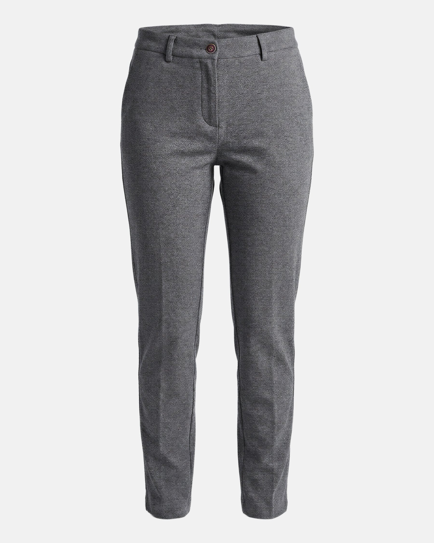 Grey slim-fit men's pantalon with button closure and belt loops, showcasing modern tailored trousers.