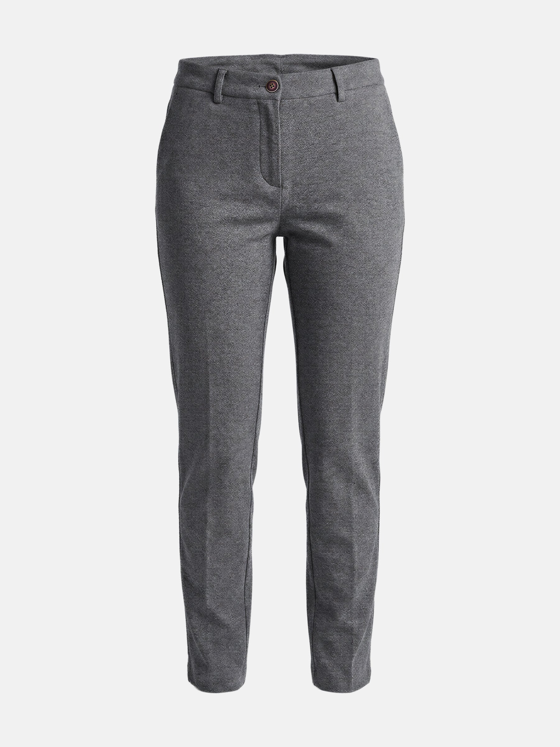 Grey slim-fit men's pantalon with button closure and belt loops, showcasing modern tailored trousers.