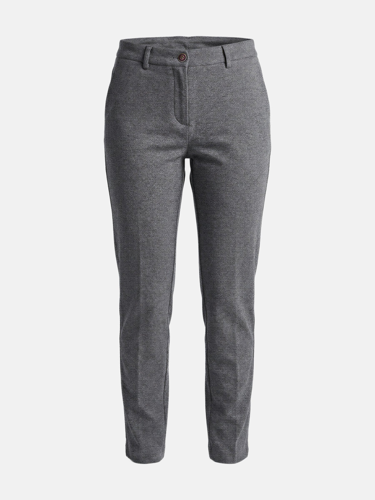 Grey slim-fit men's pantalon with button closure and belt loops, showcasing modern tailored trousers.