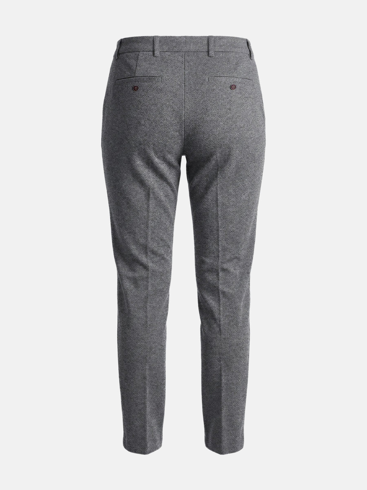 Back view of grey slim-fit men's pantalon featuring tailored design and buttoned welt pockets.